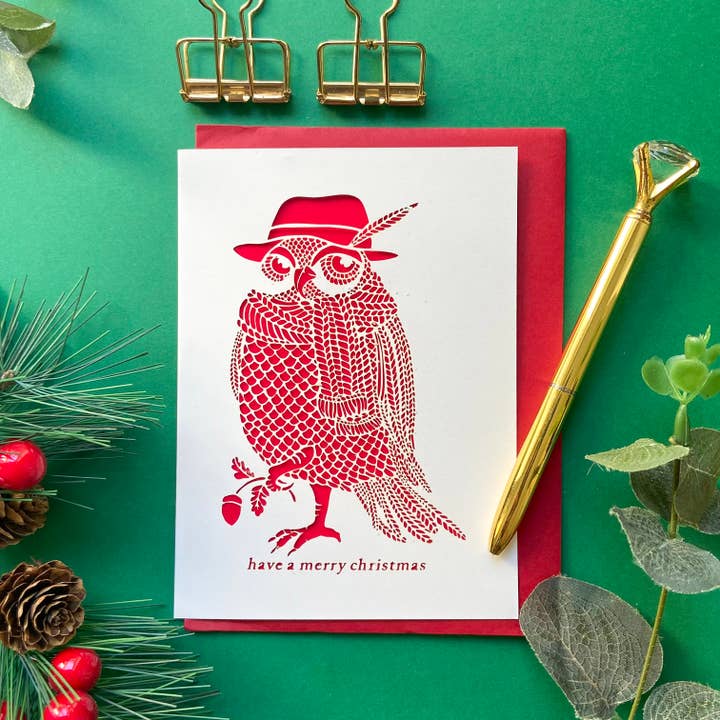 Christmas owl card, Merry Christmas card for wholesale by Chow's Stories