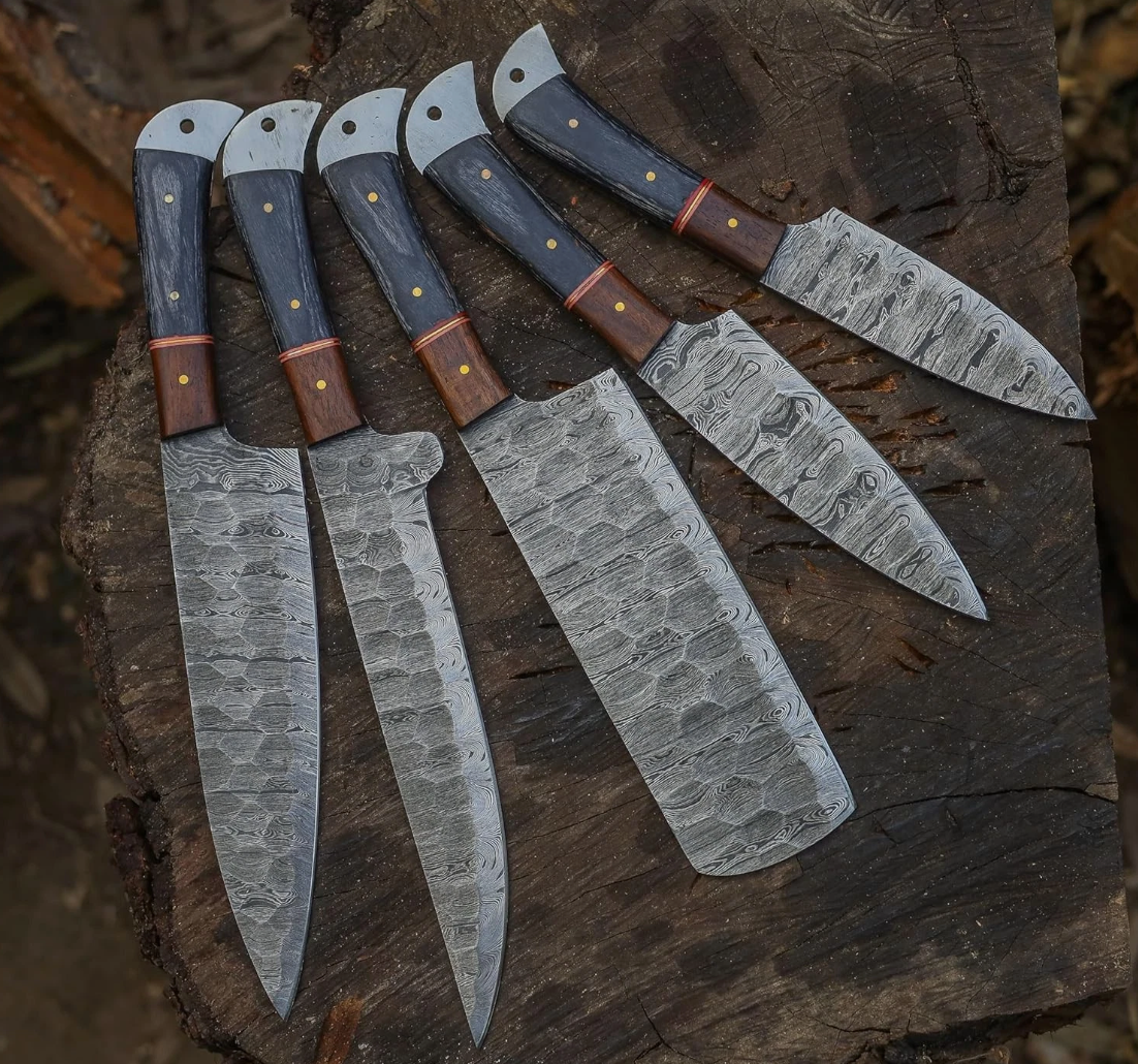 Bravohandicrafts - Wholesale Knife Set - CUSTOM HANDMADE 5 PCS DAMASCUS STEEL KITCHEN KNIFE SET W Bag6