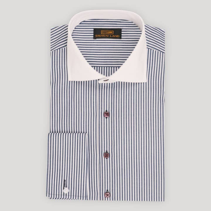 The Corcoran | White Contrast Spread Collar | French Cuff | 100% Cotton | Navy for wholesale by Steven Land