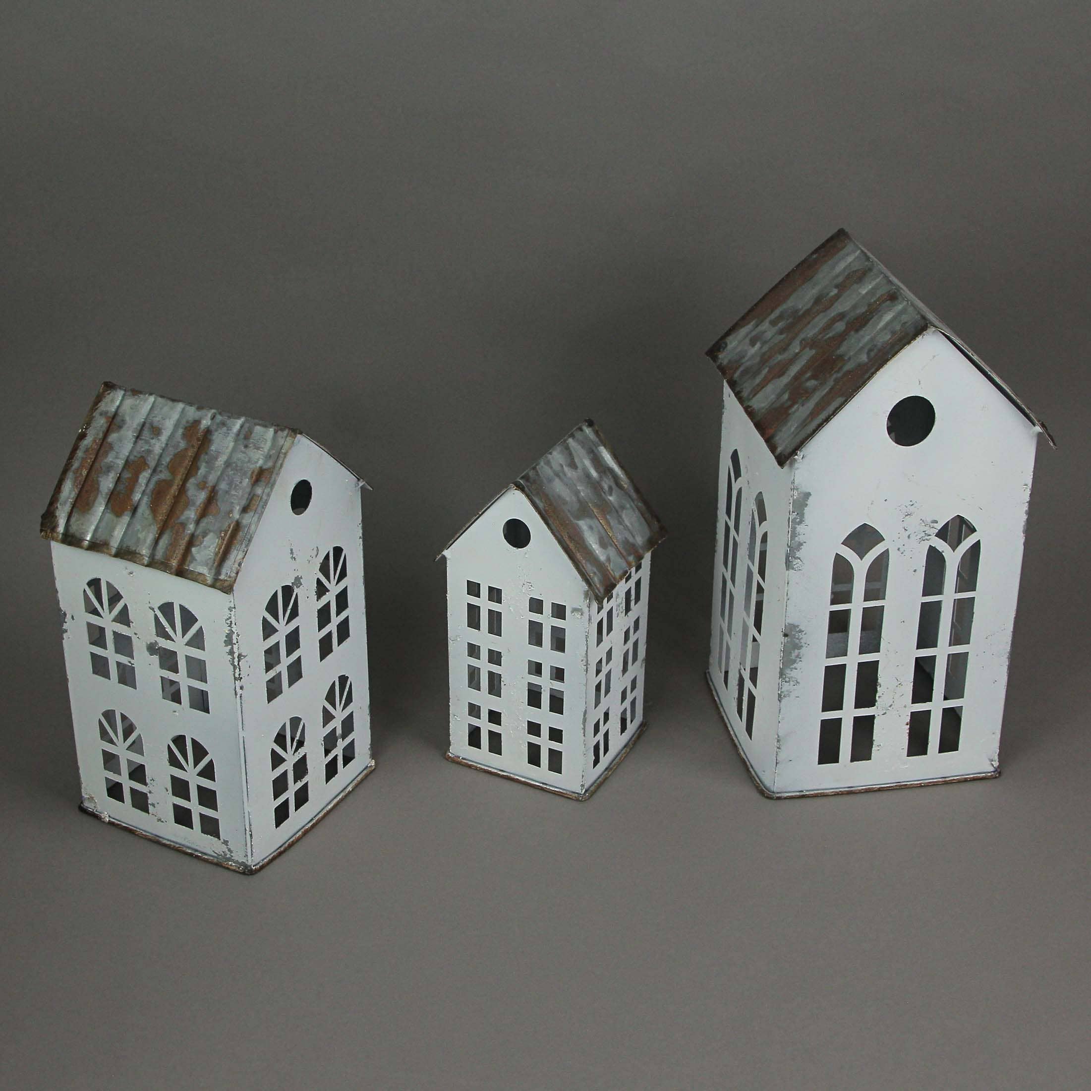 Zeckos - Wholesale Christmas Decoration - Set of 3 White Galvanized Nesting Houses With Rusty Roof3