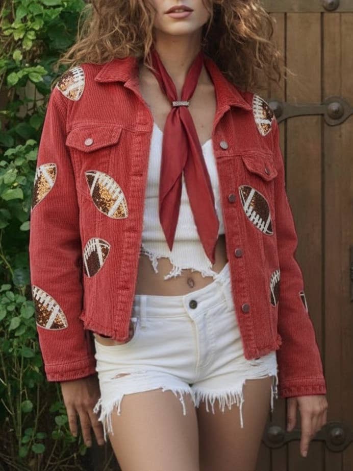 Rosa Clothing - Wholesale Shirt Jacket/Shacket - Women's - NFL Area Game Day Football Sequin Patch Corduroy Jacket11