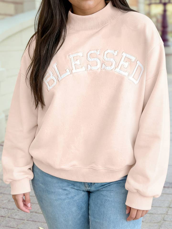 1 the Woman - Wholesale Sweatshirt - Women's - Spring 2026 Blessed Embroidered Mock Neck Sweatshirt | S-4X6
