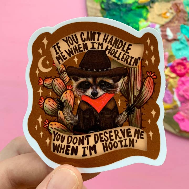 Cowboy Raccoon Sticker Western Weird Decal Funny Trash Panda Humor Sarcastic Unhinged Sticker Laptop Car Window for wholesale by Eska and the Alpenglow