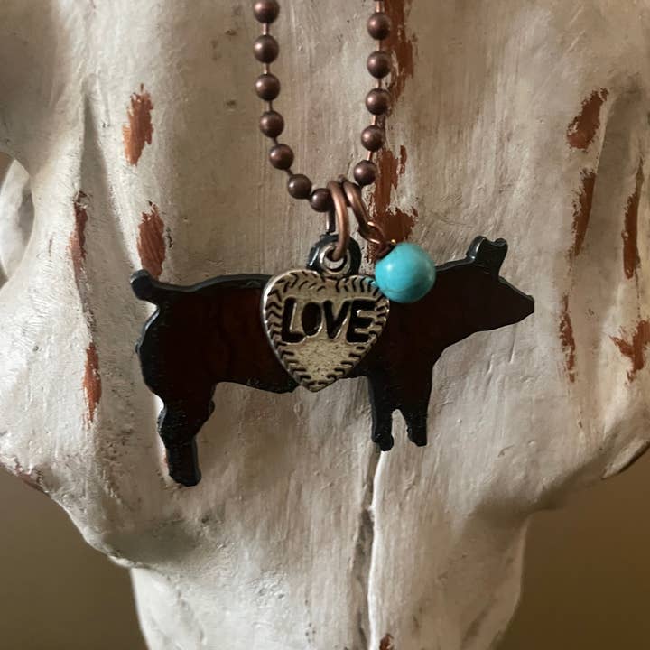 The Rustic Barn - Wholesale Pendant/Charm Necklace - Rustic Show PIG necklace with love charm and turq bead