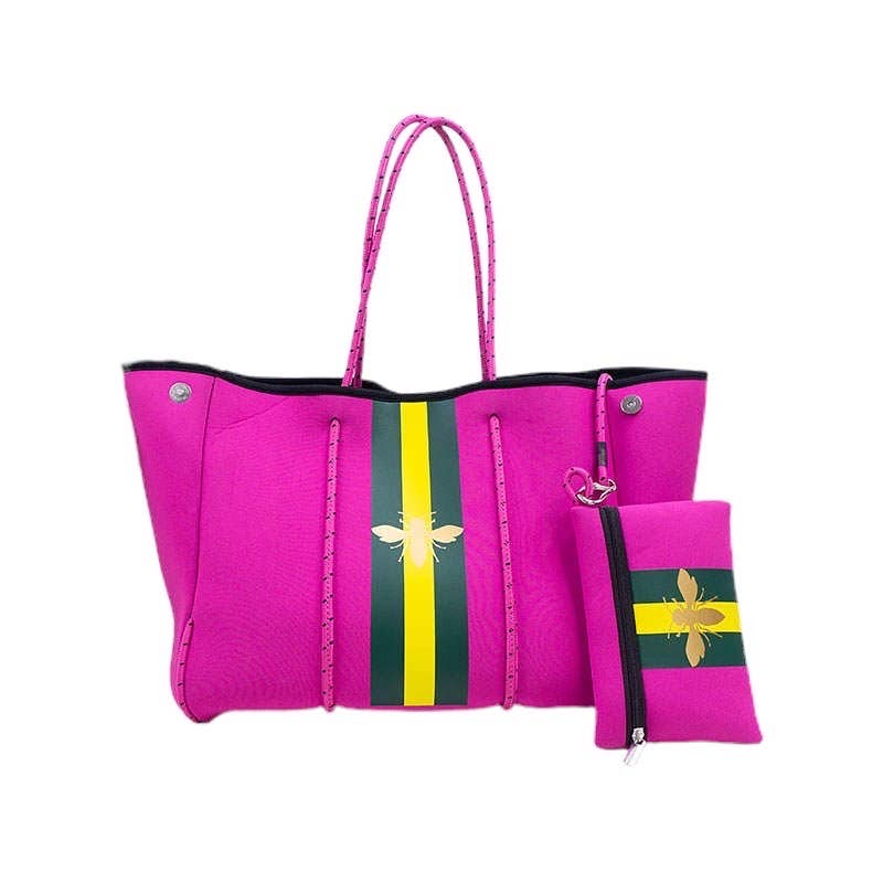 Babs + Birdie - Wholesale Tote Bag - Women's - The Aniella Neoprene Tote - Fuchsia with Gold Bee