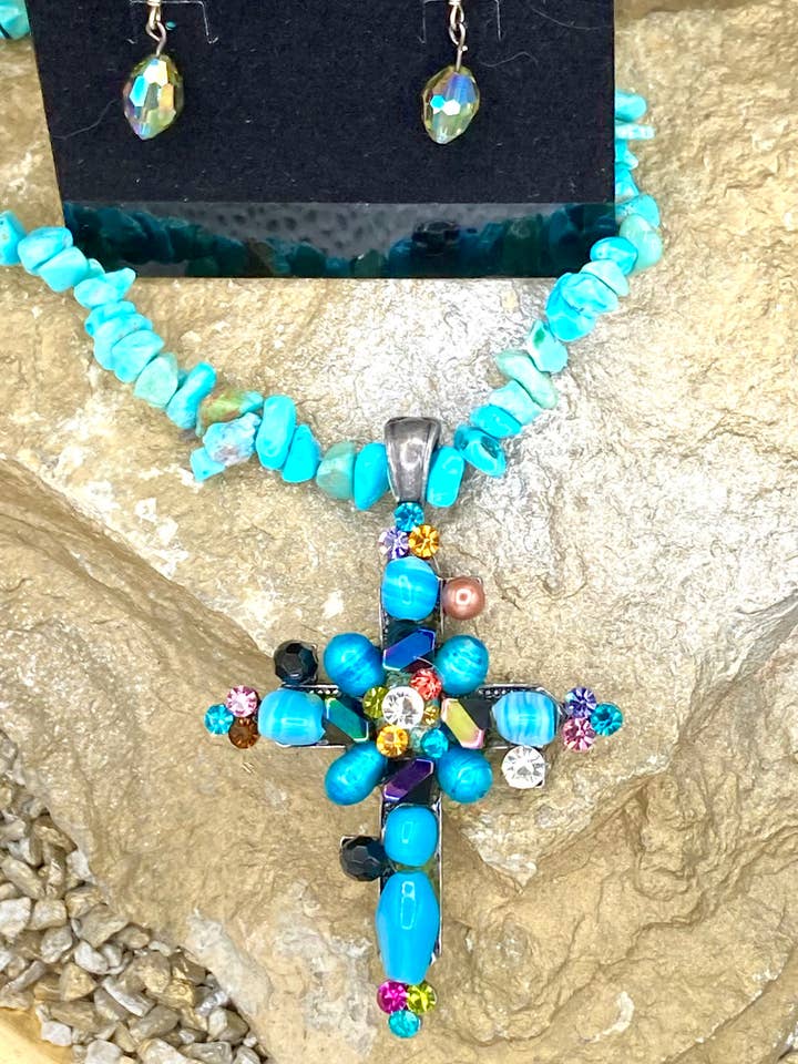 Gemstone Chip Necklace with Gemstone Cross Set for wholesale by Rebecca Ray Jewelry