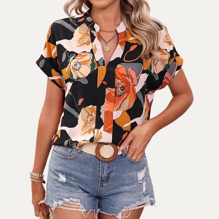 The Moment Collection - Wholesale Button Down Shirt - Women's - Always Trendy Multi-Color Printed V-Neck Short Sleeve Top