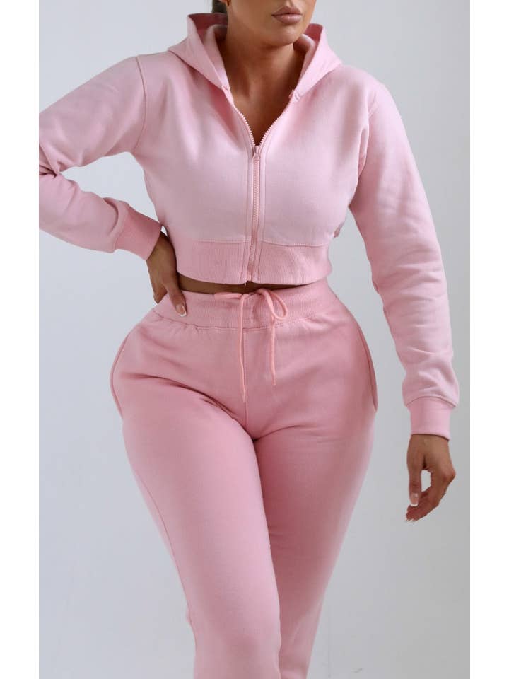 Femme Luxe – wholesale Lounge set – Women's – Pink Zip Up Crop Hoodie & Joggers Loungewear Set - Nell