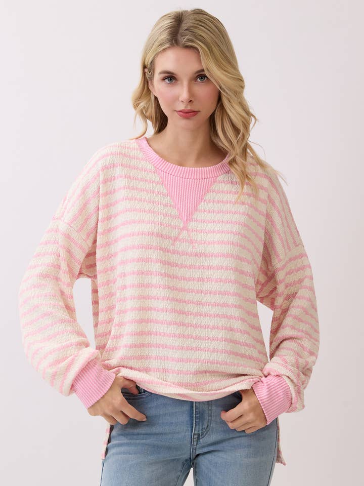 7th Ray – wholesale Stickad topp - Dam – Randig stickad tröja med nedhasad axel T61286