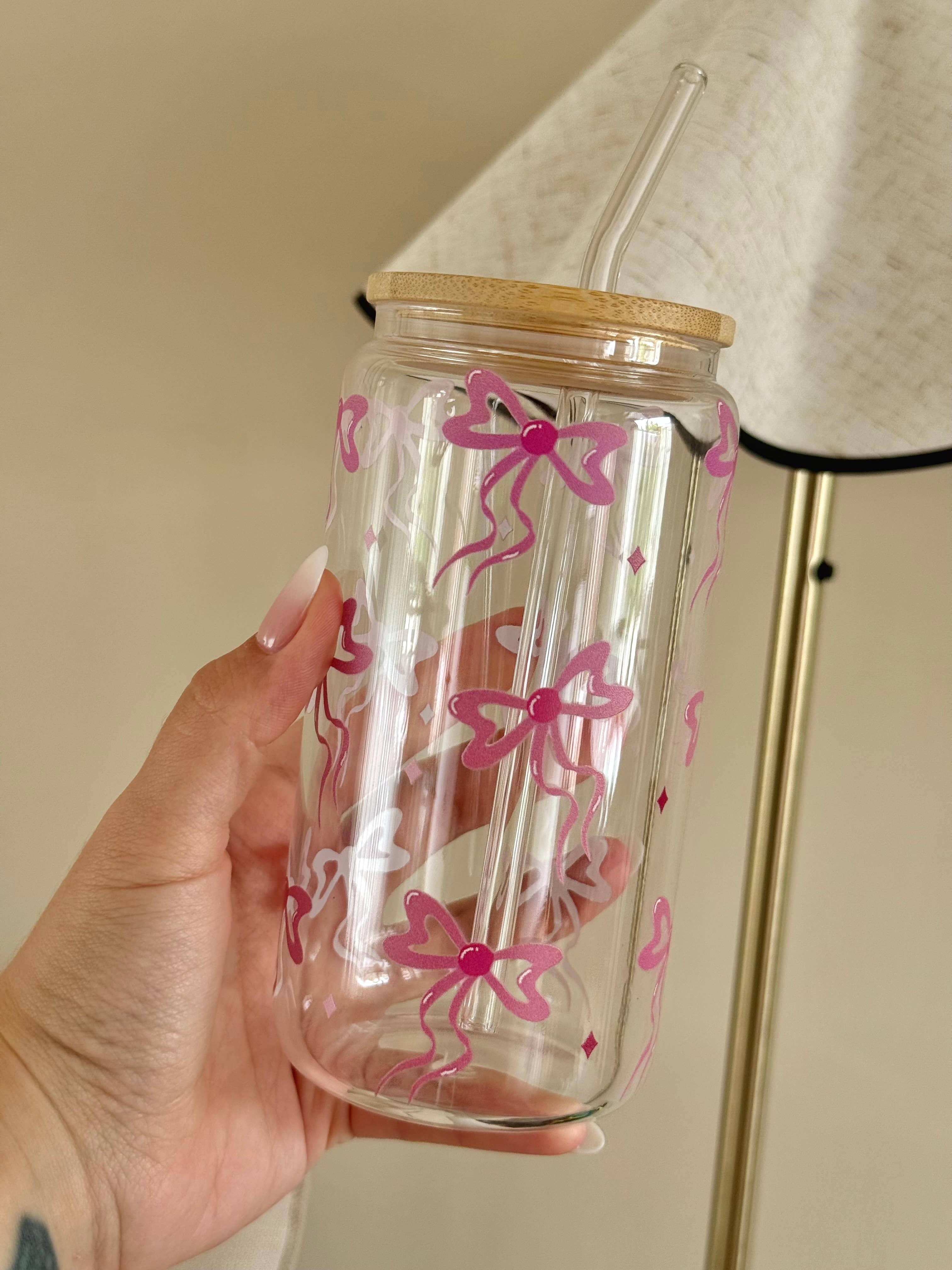 the cute cloud - Wholesale Drinking Glass/Cup - Glass Tumbler Pinky Bows Dishwasher Safe 550ml + Lid & Straw3