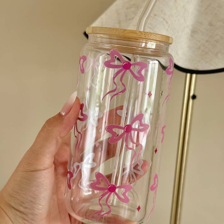 the cute cloud - Wholesale Drinking Glass/Cup - Glass Tumbler Pinky Bows Dishwasher Safe 550ml + Lid & Straw3