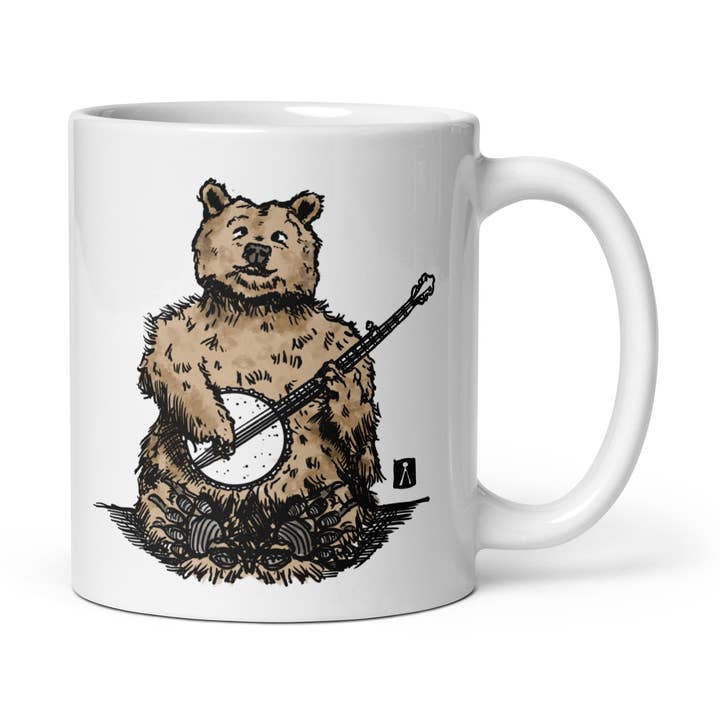 Grizzly Bear Strumming The Banjo White Coffee Mug for wholesale by Bellavance Ink