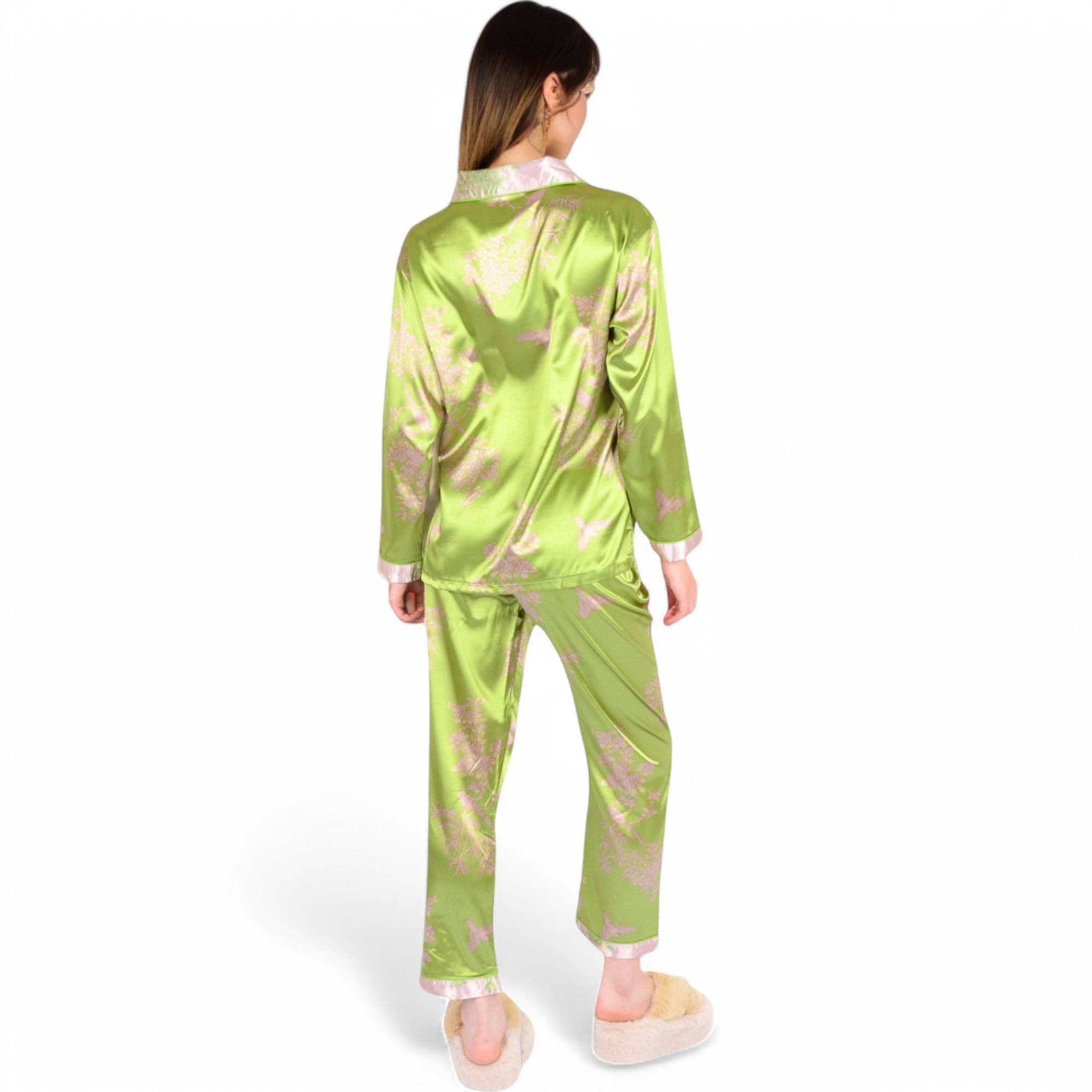 Vert Ensemble de pyjama en satin à imprimé bambou avec bordure contrastante en vente sur Faire4