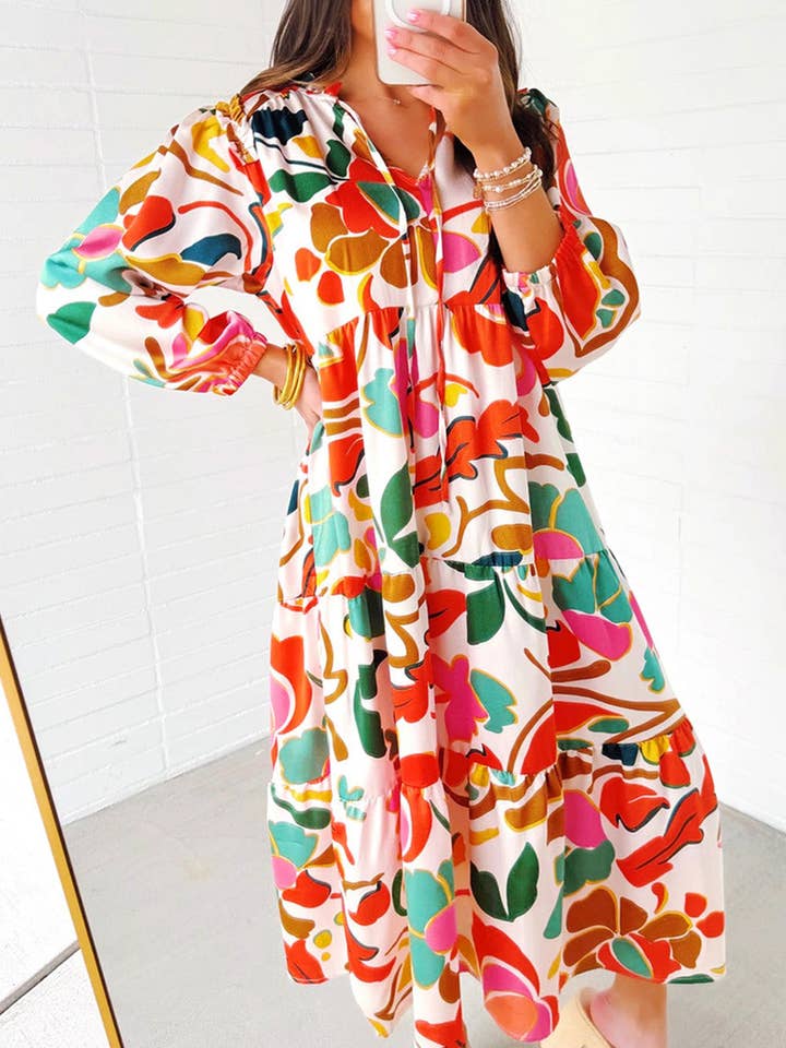 Orange Floral Print Split V Neck Tiered Maxi Dress for wholesale on Faire0