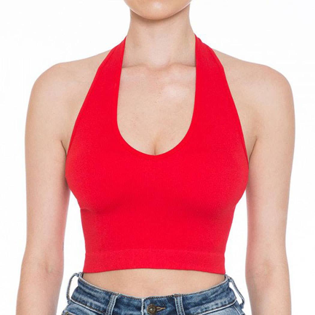 Timeless - Wholesale Tank Top - Women's - HALTER V NECK BRAMI RIBBED SEAMLESS CROP TOP0