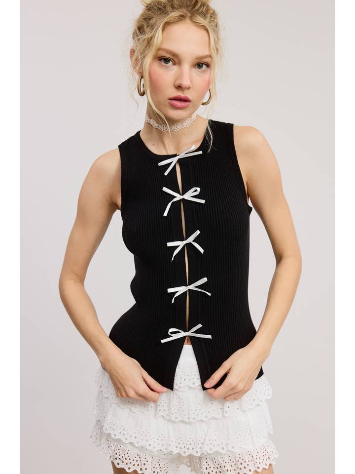 Mimosa - Wholesale Tank Top - Women's - Vintage Bow Ribbon Detail Knit Sweater Tank Top12