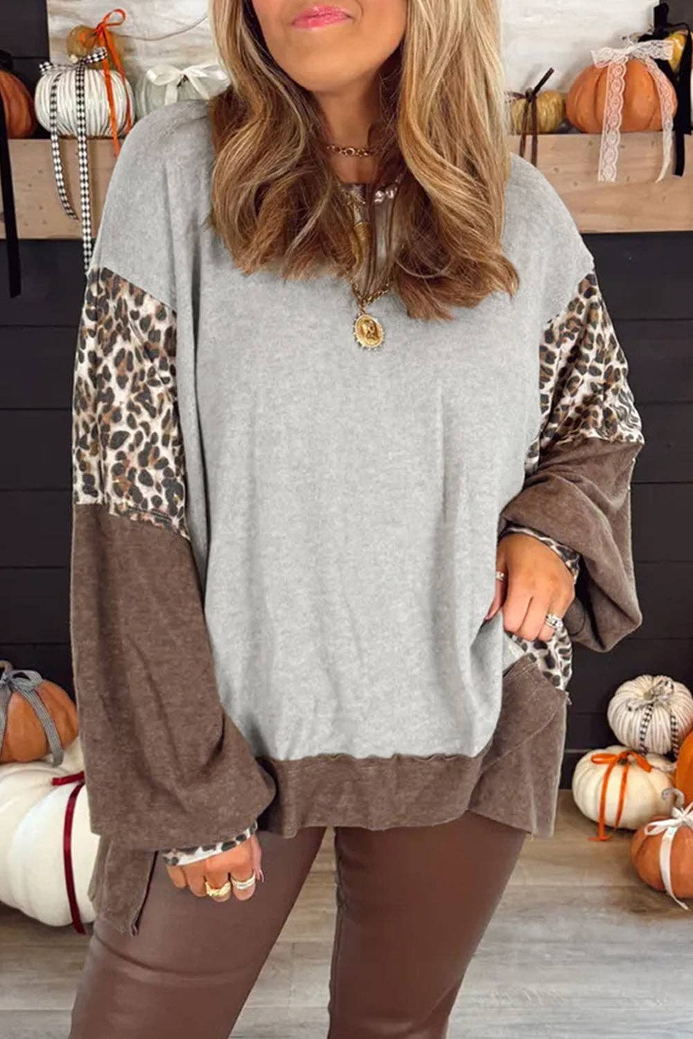 Gray Color Block Leopard Patchwork Dolman Sleeve High Low Baggy Sweatshirt for wholesale on Faire