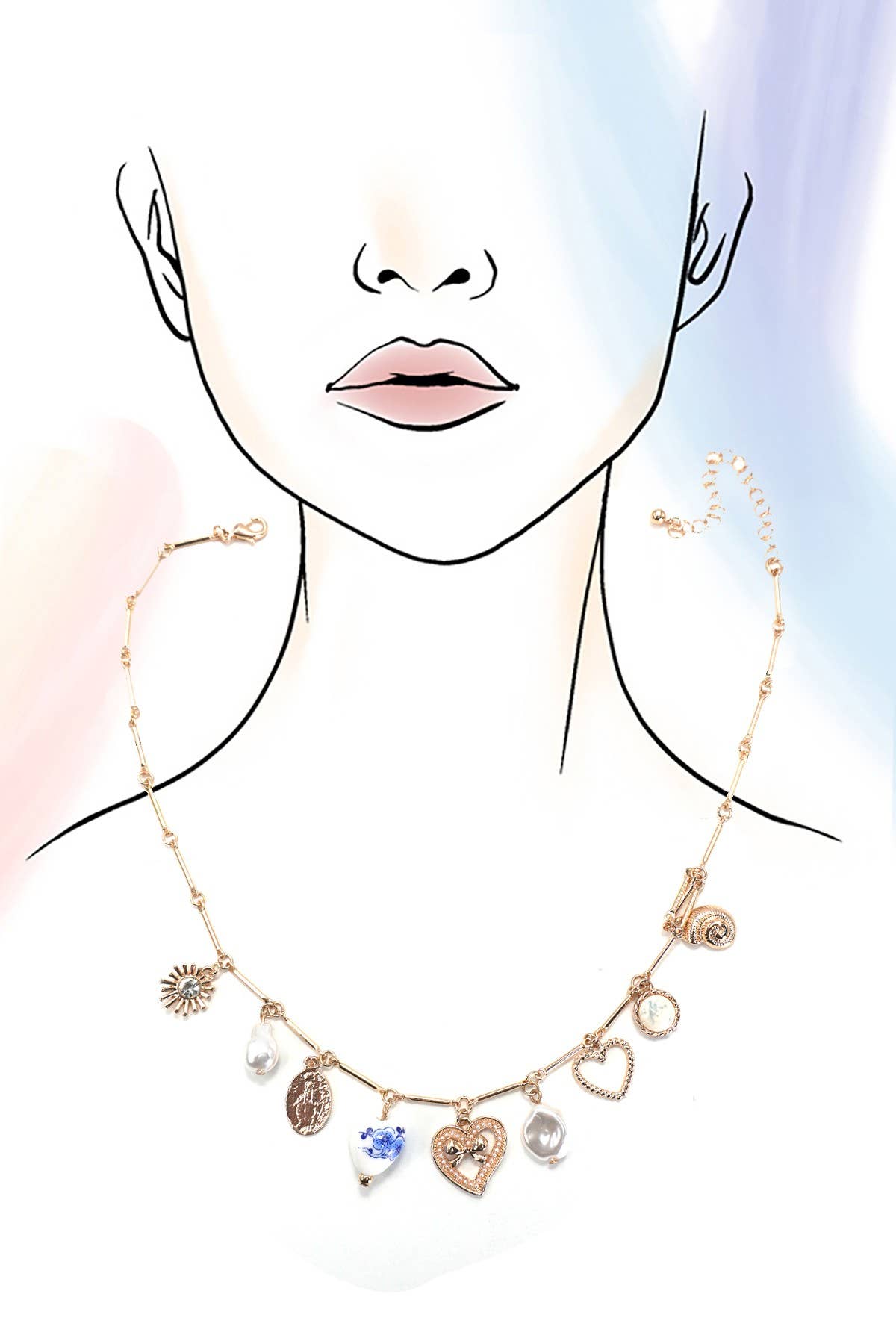 GOLD CHARM NECKLACE-CERAMIC PORCELAIN HEART PEARL |  80N91553 for wholesale on Faire3