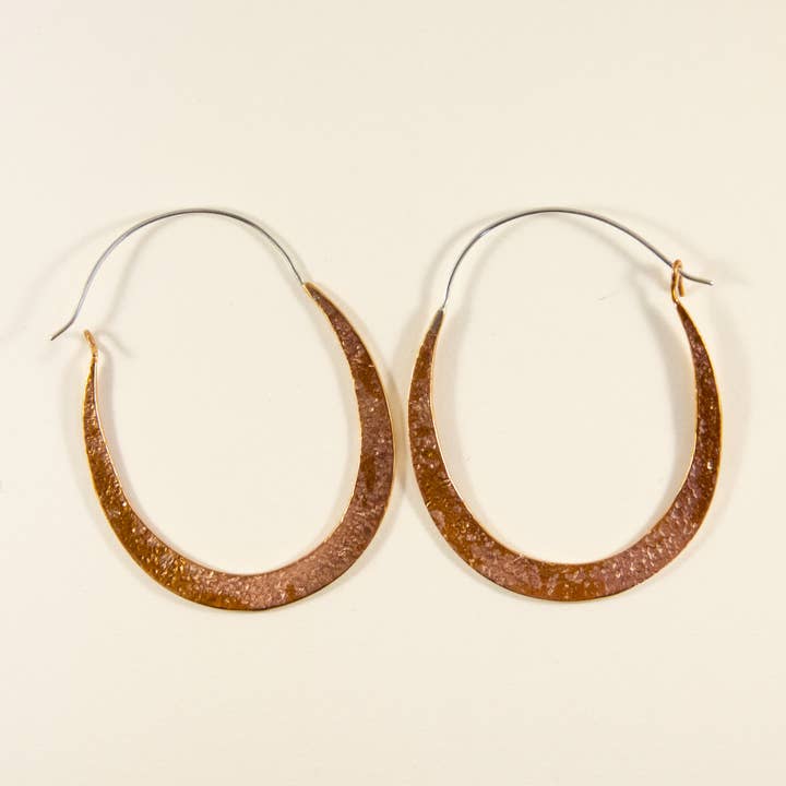 Ajmer by Jodi - Wholesale Dangle Earrings - Big Copper Oval Hoops~ hammered metal & sterling ear wires1