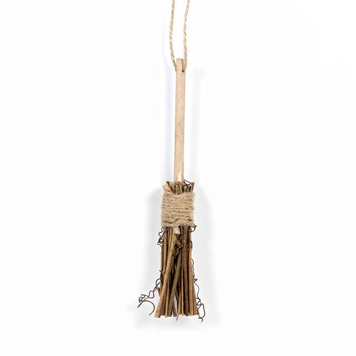 50498 - 2x6 hanging wood rustic witch broom Halloween Decor for wholesale by Devanie At Home (Formerly Adams & Co.)