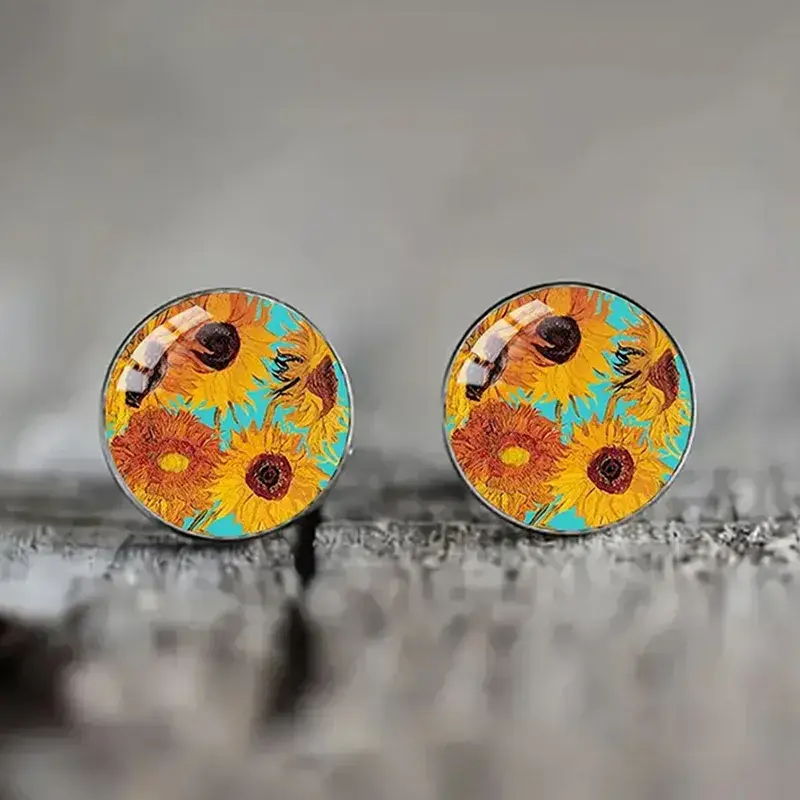 Magnifique Hearts - Wholesale Stud/Post Earrings - Vintage Sunflower & Starry Night Glass Stud Earrings1