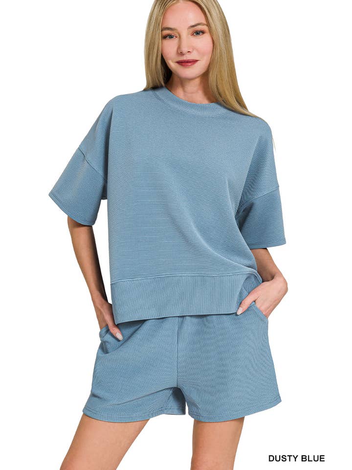 42POPS - Wholesale Lounge Set - Women's - ....SI-27738 Ribbed Round Neck Waist Banded Tee & Shorts 2PC Set