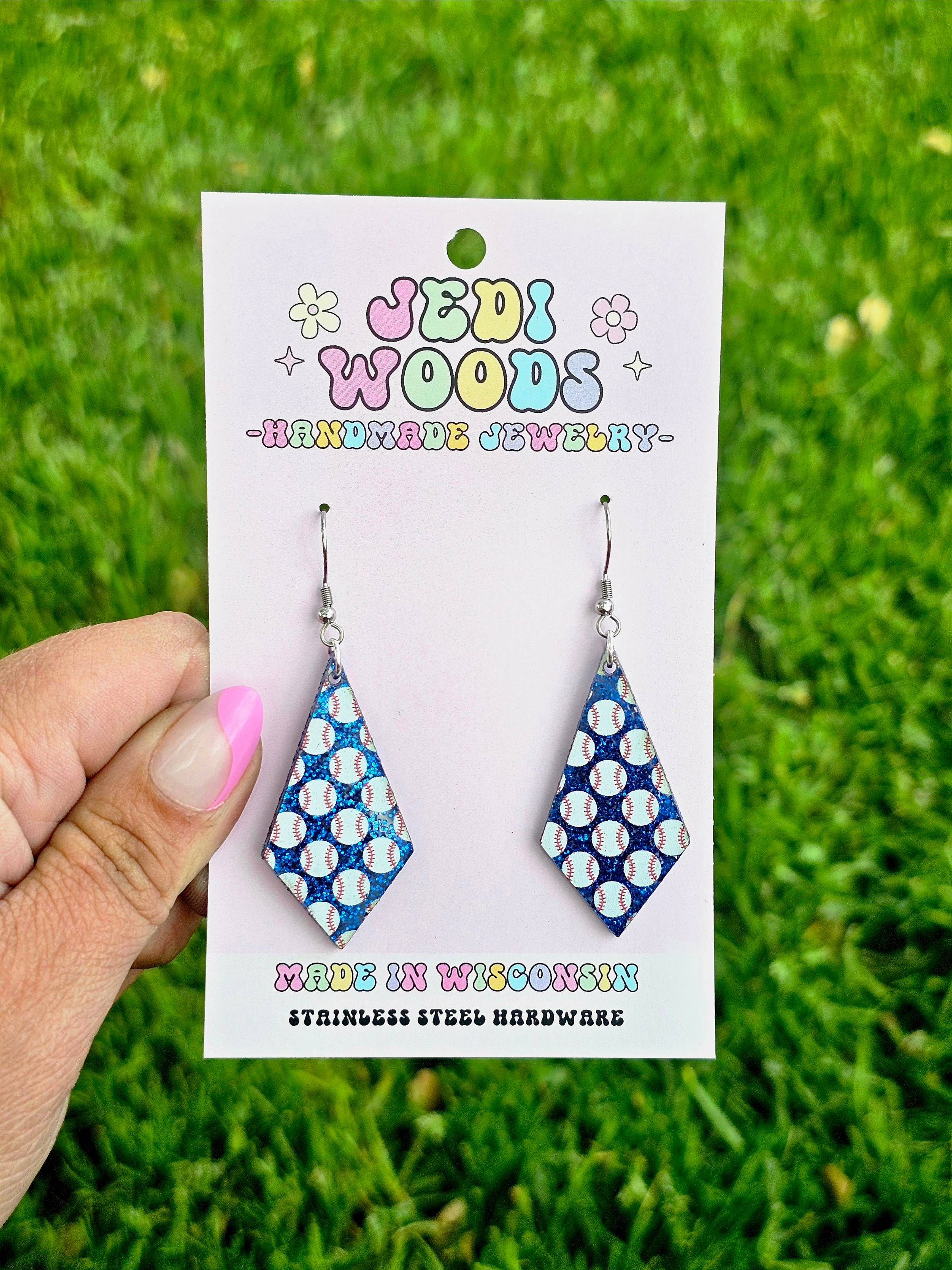 Jedi Woods LLC - Venta al por mayor Pendientes colgantes - Aretes de diamantes de béisbol con purpurina azul5