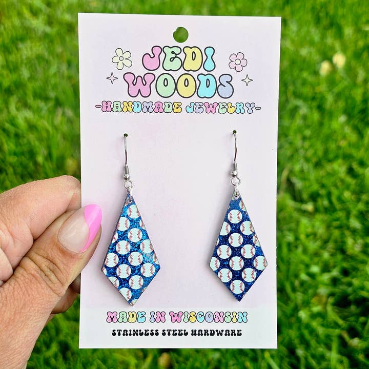 Jedi Woods LLC - Venta al por mayor Pendientes colgantes - Aretes de diamantes de béisbol con purpurina azul5