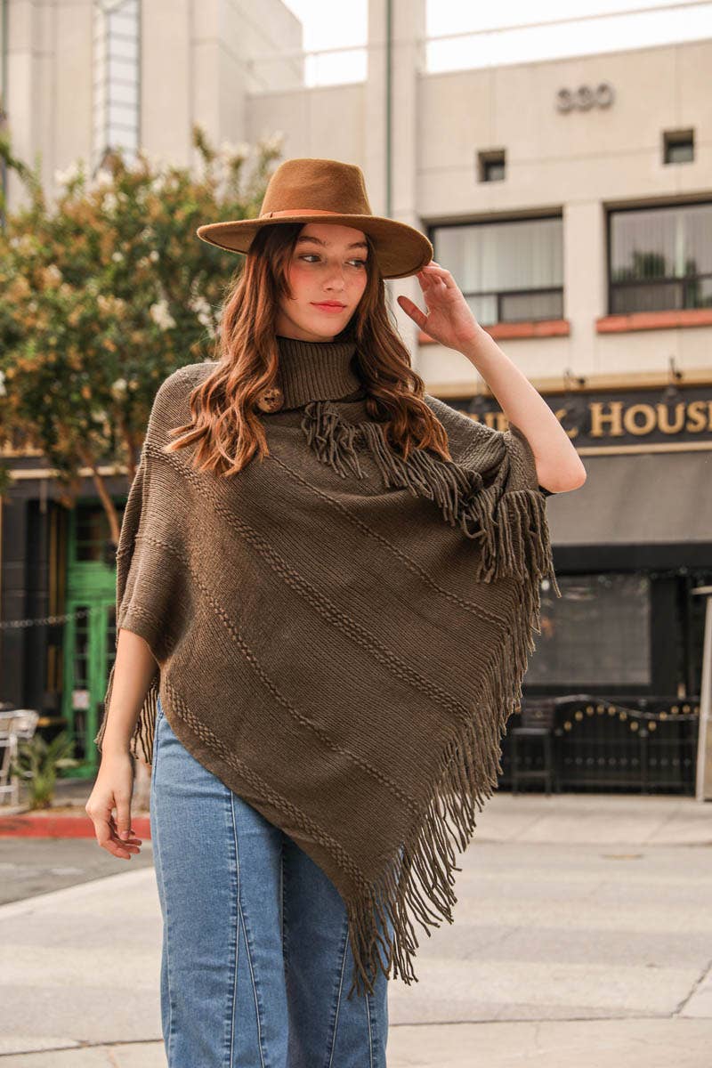 Leto Accessories - Wholesale Poncho - Women's - Button Neck Fringe Poncho - Fall & Winter Essential7
