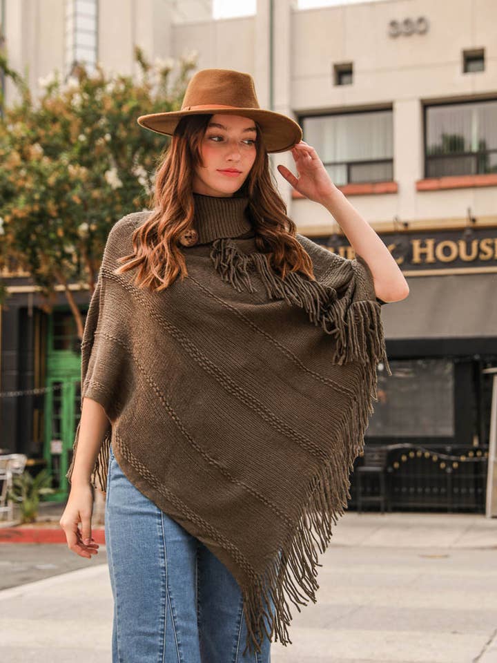 Leto Accessories - Wholesale Poncho - Women's - Button Neck Fringe Poncho - Fall & Winter Essential7