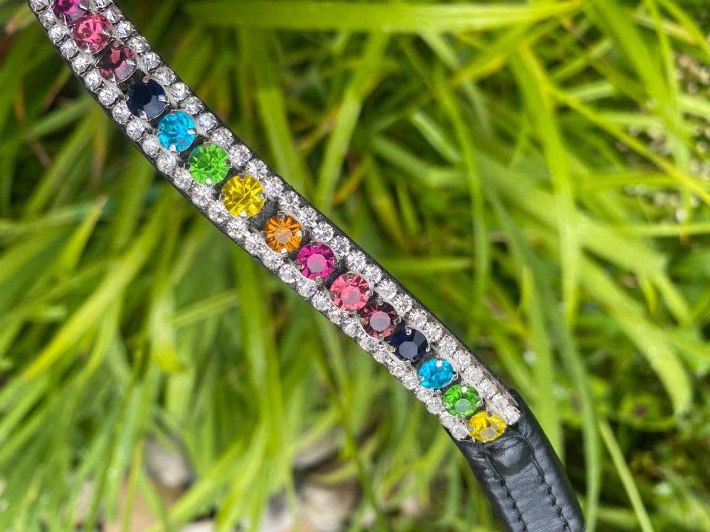 Lucas & Lilli - Wholesale Paardrijuitrusting - Lucas & Lilli zwarte leren wenkbrauwriem met regenboog diamanten1