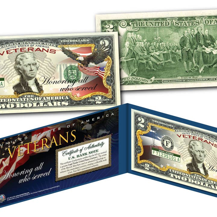Un billet de deux dollars en hommage à ceux qui ont servi les anciens combattants. Billet de deux dollars en monnaie américaine authentique, expédié rapidement et gratuitement aux États-Unis. pour la vente par The Merrick Mint