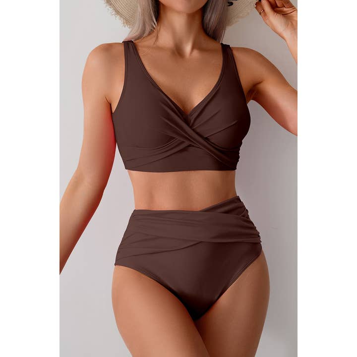 Supreme Fashion - Wholesale Two Piece Swimsuit - Women's - Solid Ruched High Waist Cross Push Up Swimsuit