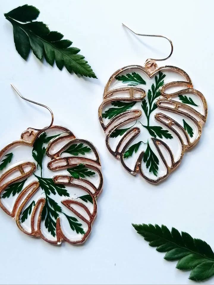 Monstera fern earrings for wholesale by Paige Alexander