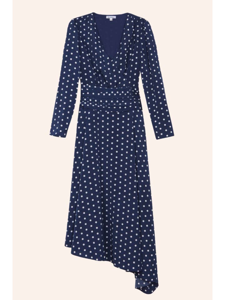 Bruna - Vendita all'ingrosso Vestito - Donna - Abito da cerimonia blu navy con stampa a pois e lunghezza midi asimmetrica4