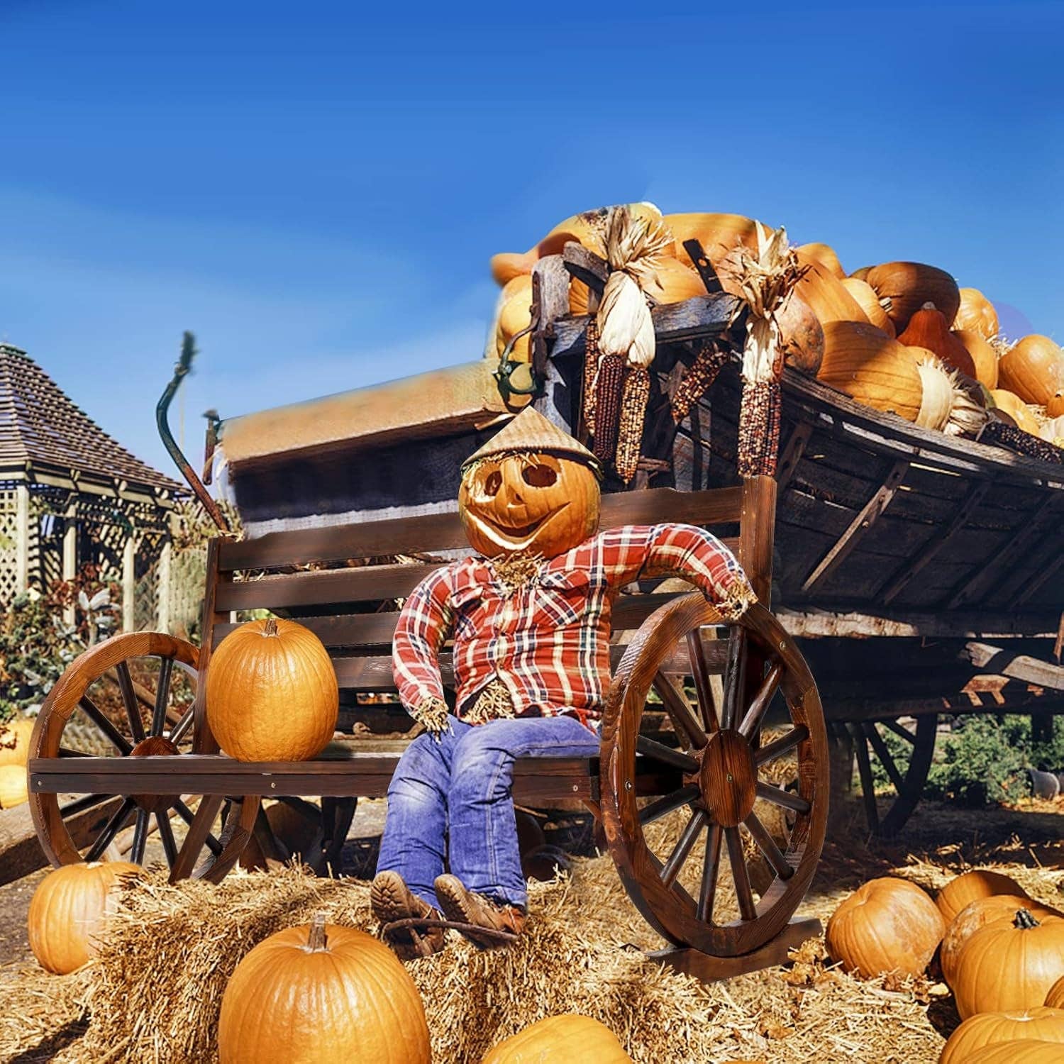 Rustic Wooden Garden Bench with Wagon Wheel Arms for wholesale on Faire6