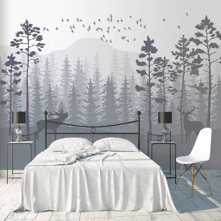Papel de Parede Natural de Paisagem de Montanha na Selva Nebulosa Monocromática por atacado de GK Home Decor