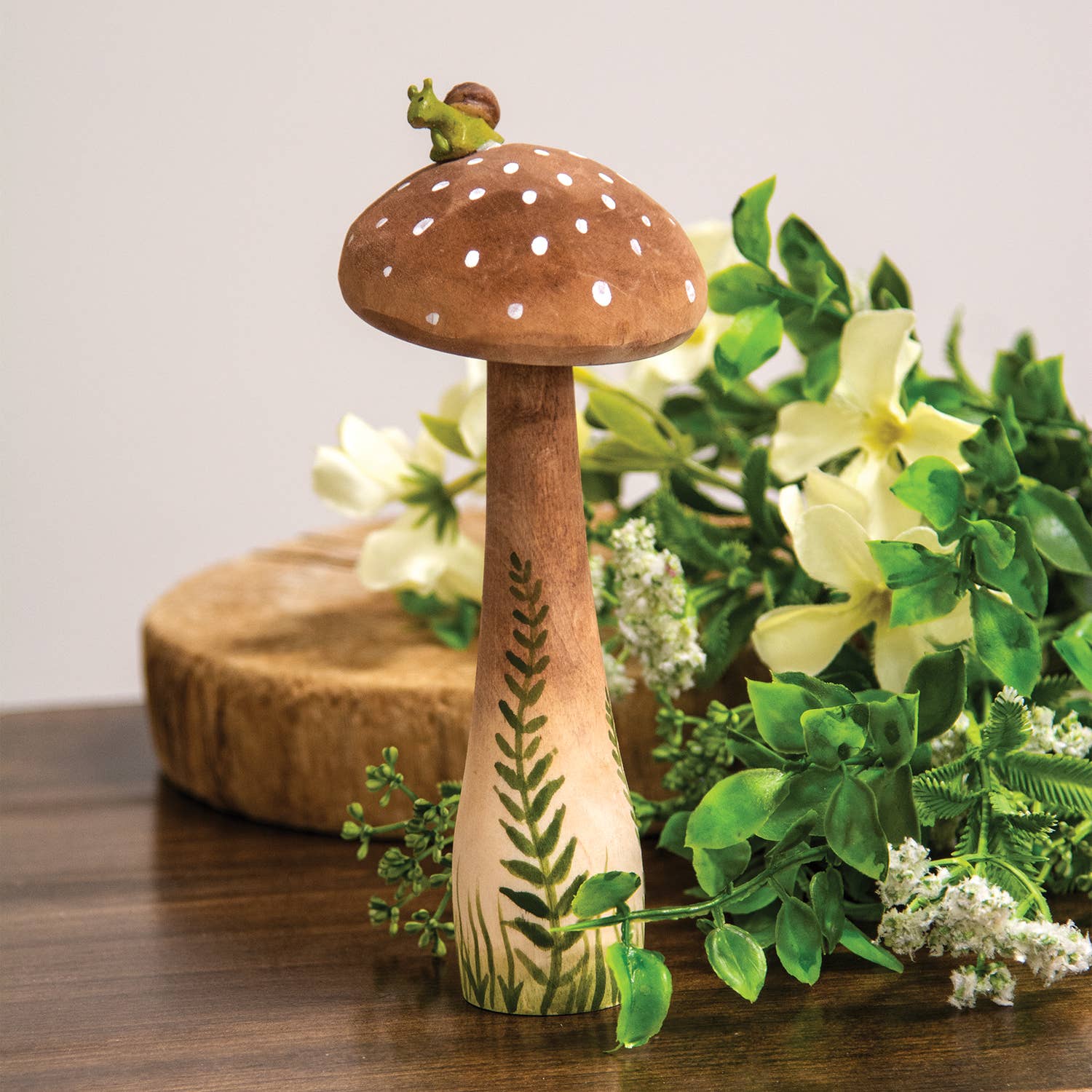 The Hearthside Collection - Wholesale Decorative Tabletop Object - Wooden Handpainted Mushroom Sitter with Snail - 7.5"H1