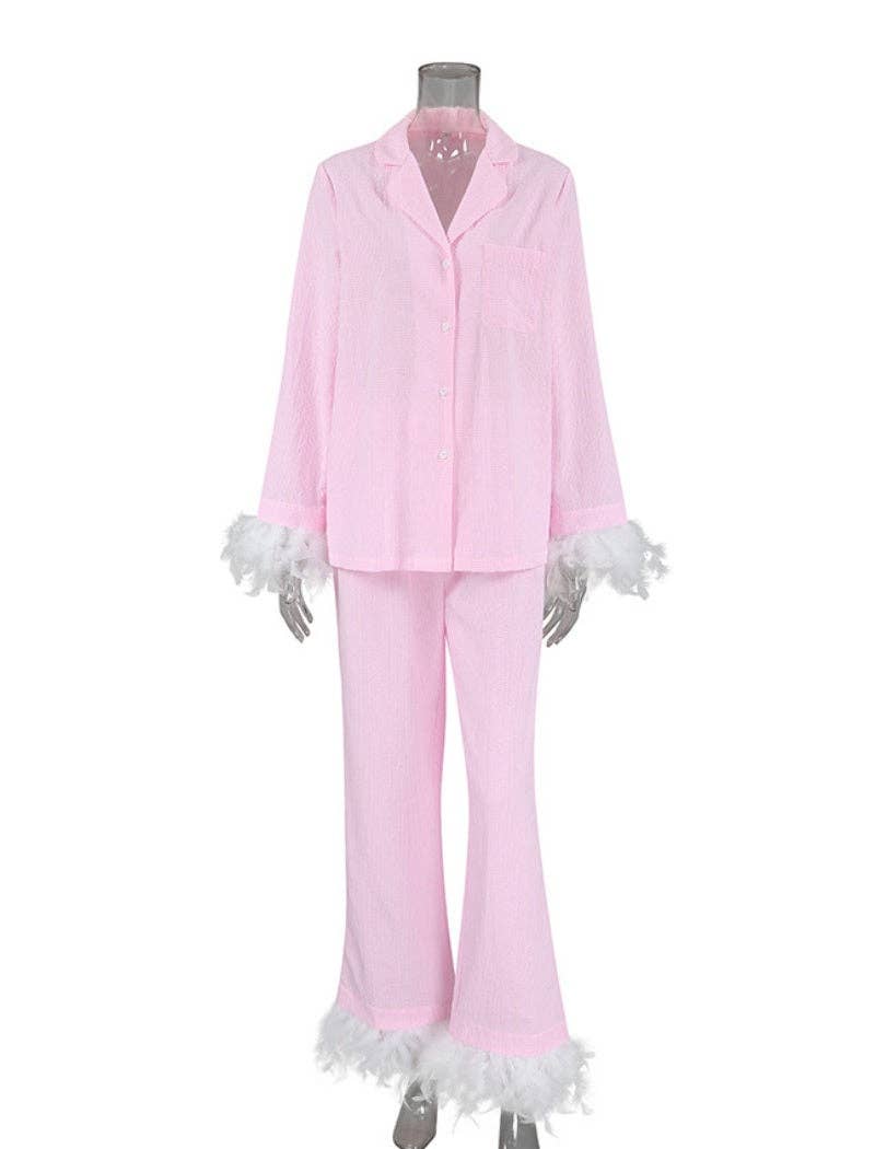 AZSHOP Trading LLC - Vente Haut et bas de pyjama – femme - Ensemble de pyjama long bordé de plumes0