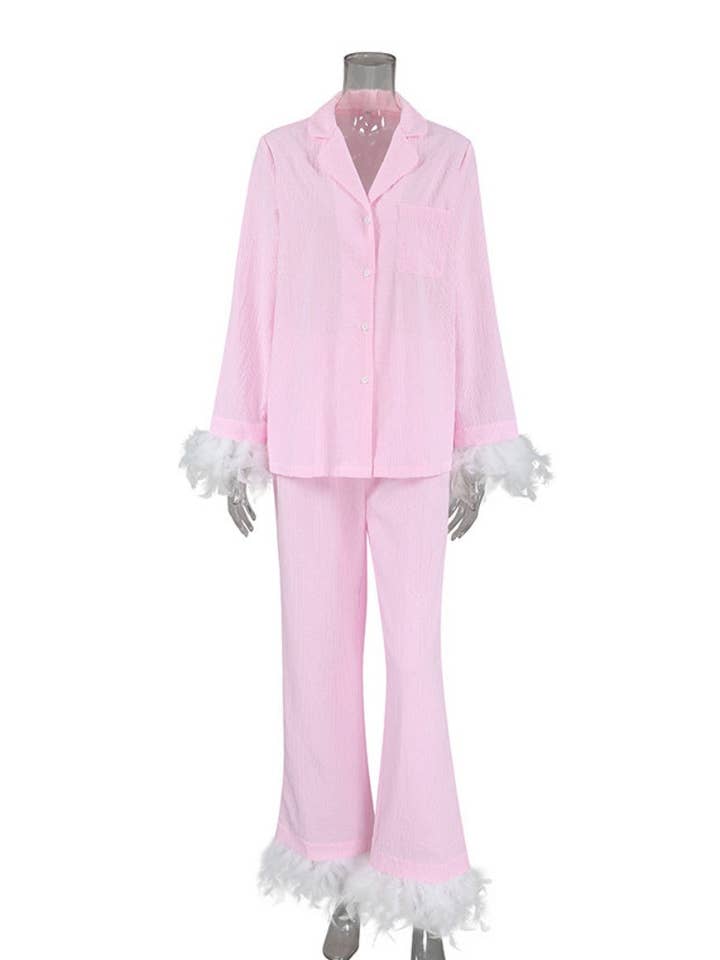 AZSHOP Trading LLC - Vente Haut et bas de pyjama – femme - Ensemble de pyjama long bordé de plumes