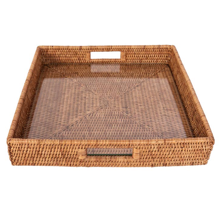 Artifacts Trading Company - Wholesale Serving Tray - Artifacts Rattanâ„¢ Square Serving Ottoman Tray Glass Insert