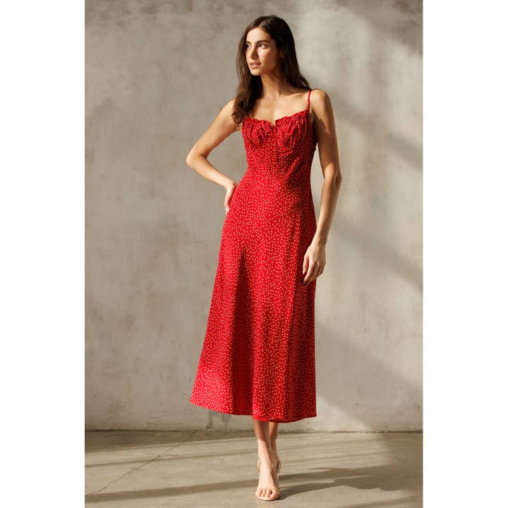 JD7544 - RED WHITE POLKA DOT MIDI DRESS for wholesale on Faire