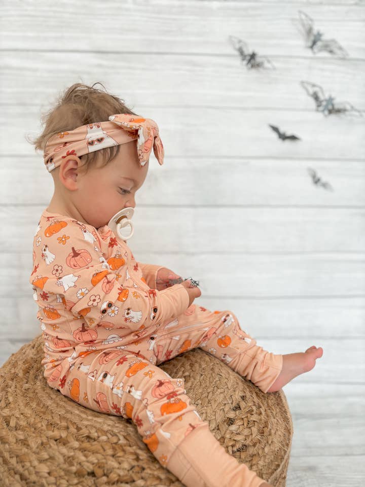 Retro Ghost Bamboo Zip Romper - Klar til levering for engroshandel hos RainbowBabe & Co