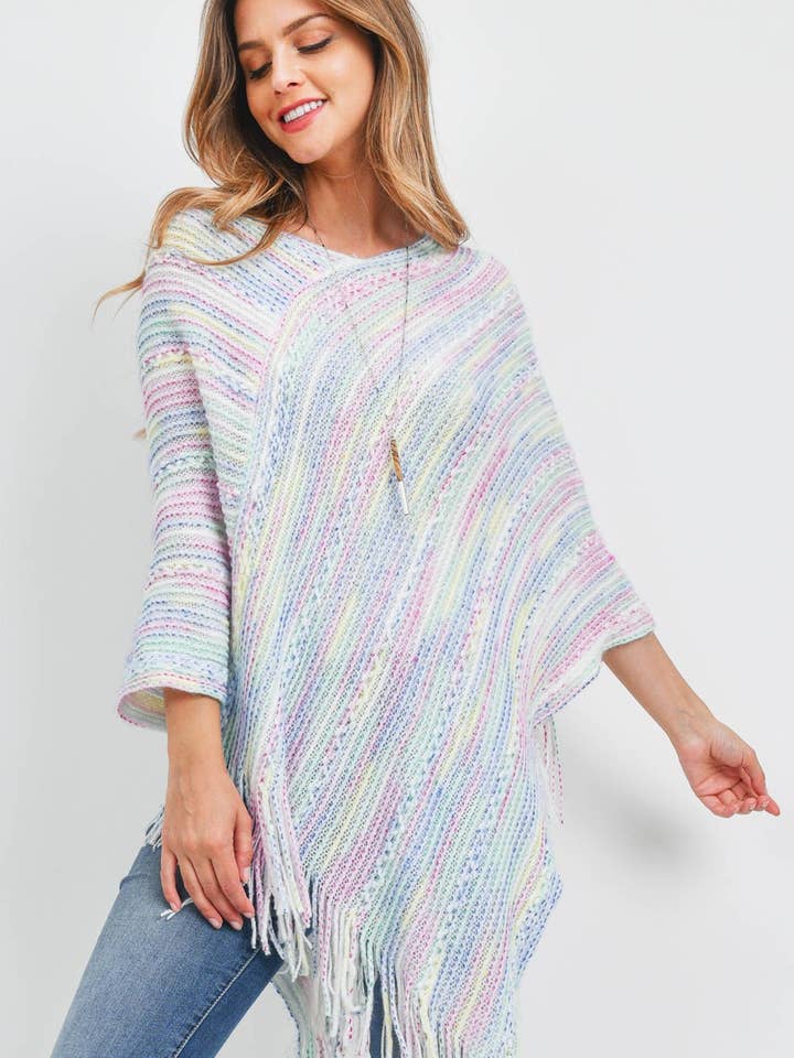 Knitted Fringe Stripe Multi Poncho White - Pack of 6 for wholesale by Apparel Candy