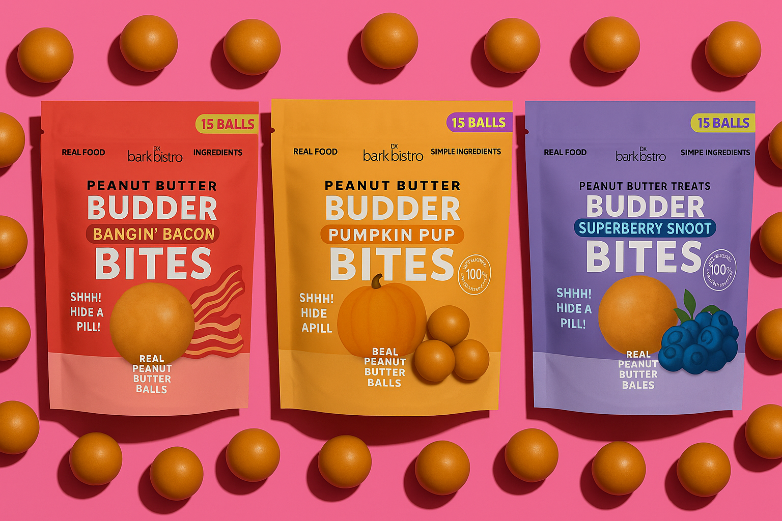 Bark Bistro – snacks e guloseimas - Cão por atacado – Trio BUDDY BUDDER Bites (4 de cada referência / 12 embalagens)4