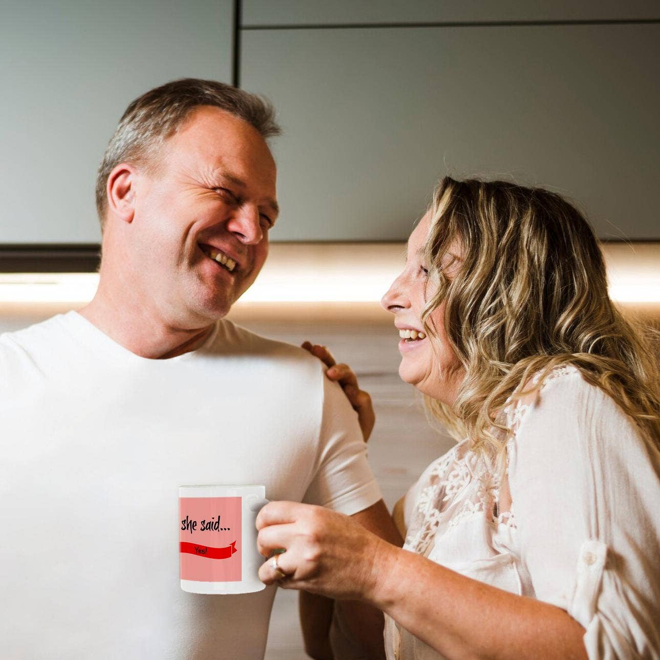 3dRose - Wholesale Coffee Mug - 3dRose, she said yes, black lettering on red ribbon, pink background, Mug10