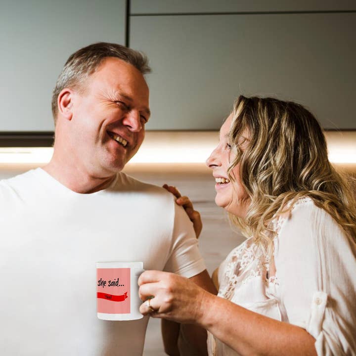 3dRose - Wholesale Coffee Mug - 3dRose, she said yes, black lettering on red ribbon, pink background, Mug10