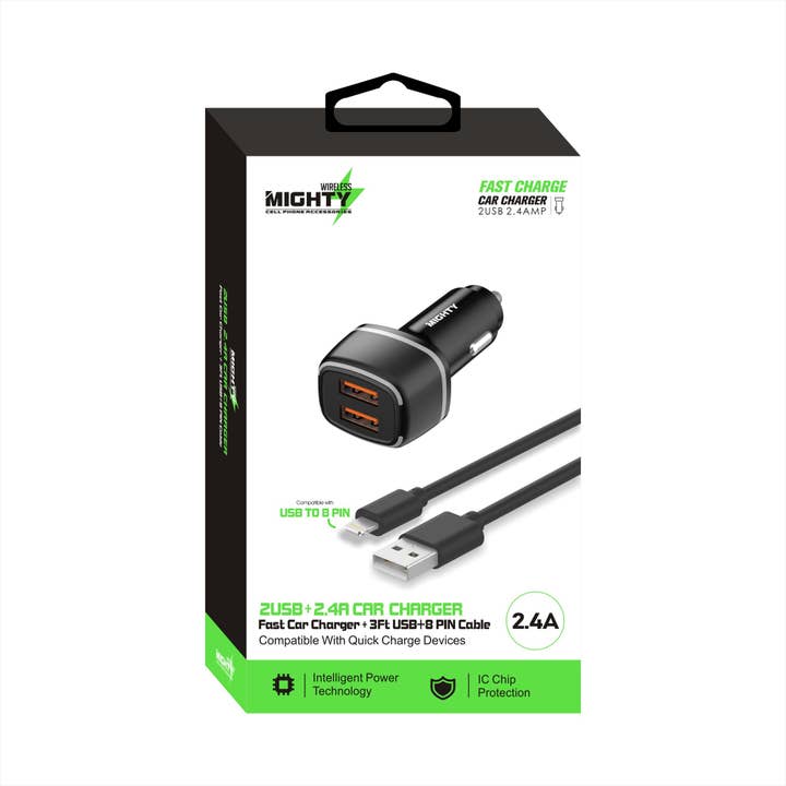 Mighty Fast Dual USB Car Charger,3FT 8-Pin Cable Combo Black for wholesale by Mighty Wireless
