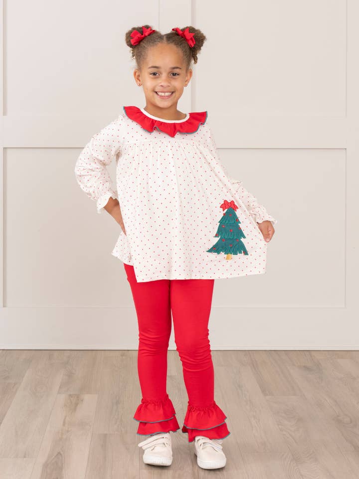 Marie Nicole Clothing - Wholesale Top & Leggings Set - Kids - Polka Dots Embroidered Trees Ruffle Outfit5