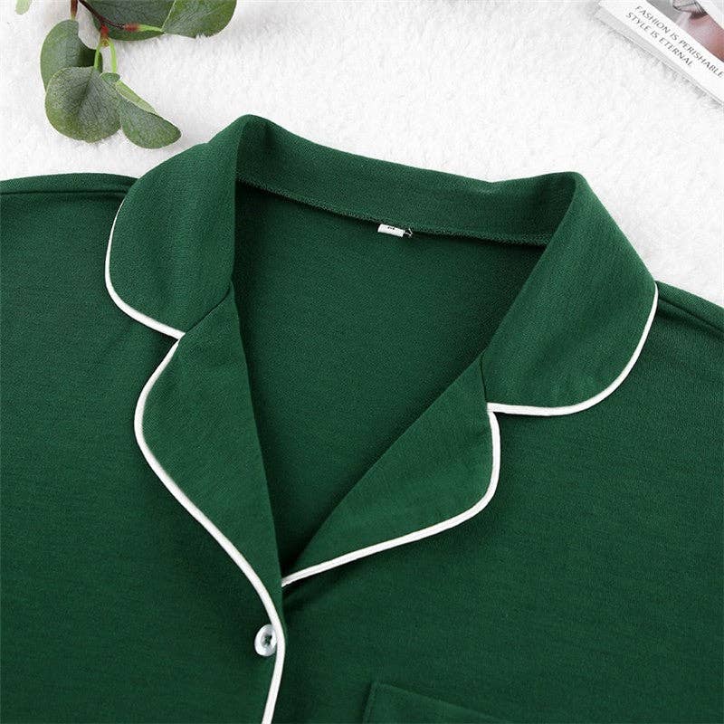 GREEN Color Block Long Sleeve Lapel Button-Up Blouse and Pants Set - Cozy Homewear Pajamas for wholesale on Faire4